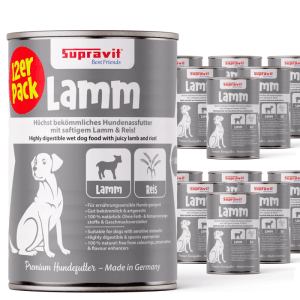 12er Pack Supravit Nassfutter für Hunde mit Lamm & Reis. Graue Dosen mit Hundemotiv, Lamm- & Reissymbolen.