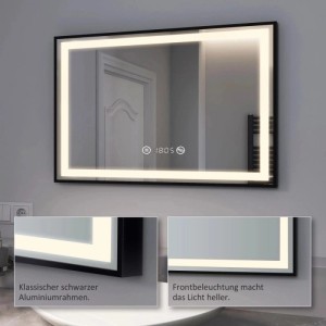 Emke Badspiegel 100x70cm mit schwarzem Rahmen, dimmbarer LED-Beleuchtung, Touch, Uhr und Antibeschlag.