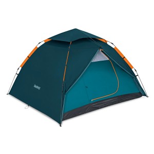 Bestway Zelt für 4 Personen mit Schnellaufbau-System, 350x240x138 cm, in Dunkelblau und Orange.