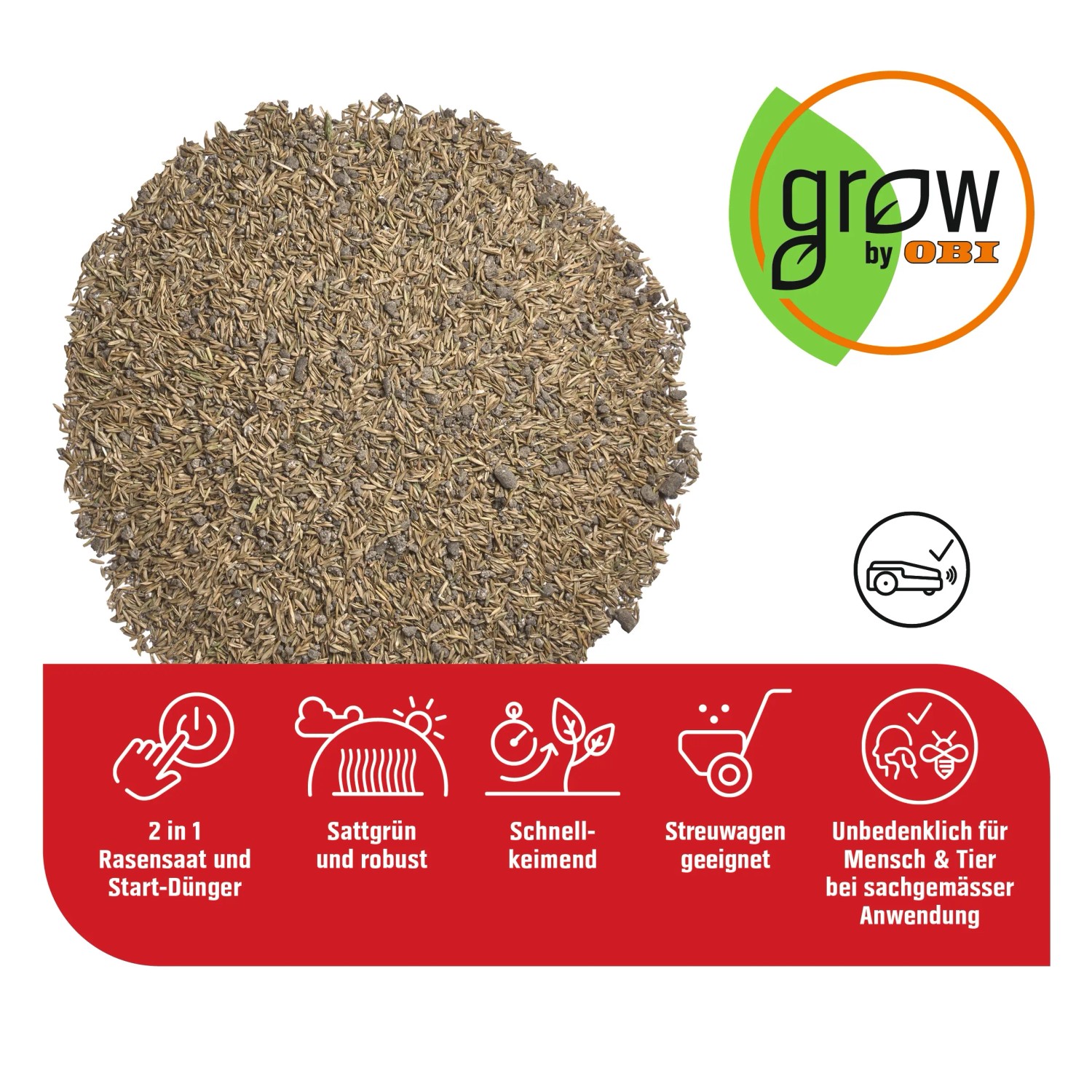 OBI 2 in 1 Vertikutier- und Nachsaatmix, bestehend aus Rasensamen und Startdünger.