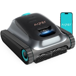 Aiper Poolroboter Scuba S12025 in Schwarz/Türkis mit Raupenprofilen. App-Konnektivität für kabellose Poolreinigung.