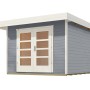Graues Weka Holz-Gartenhaus mit Flachdach und Doppeltür. Lasiertes Gartenhaus mit 28 mm Wandstärke.