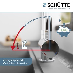 Schütte Küchenarmatur Window, verchromt, mit Cold-Start Funktion und Energiespar-Symbolen.