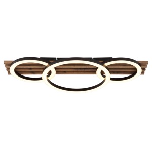 Moderne LED-Deckenleuchte Tisha, schwarz matt, mit drei Ringen und Holzoptik, 30x95 cm.