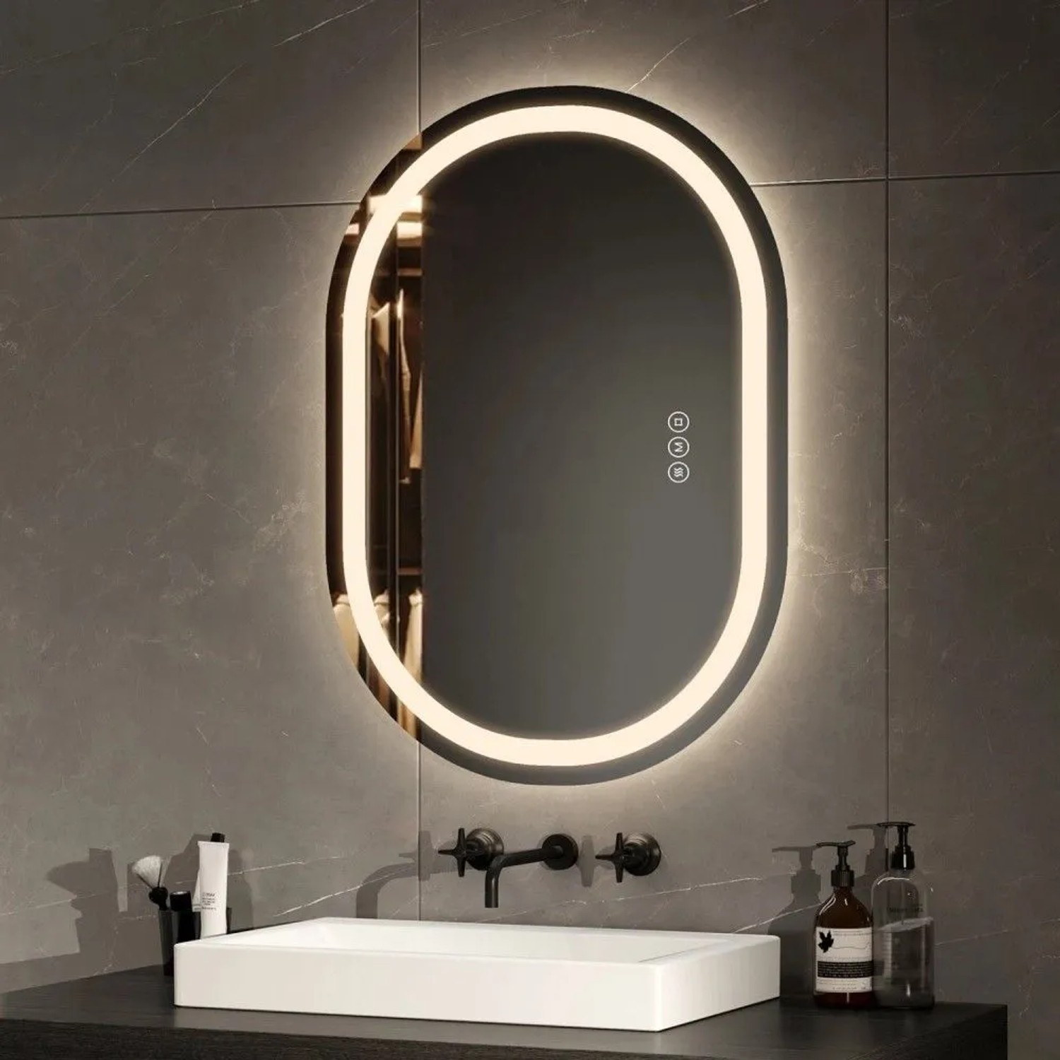 Ovaler Emke Badspiegel 70x50 cm mit LED-Beleuchtung, dimmbar, beschlagfrei, Touch-Steuerung, im modernen Bad.