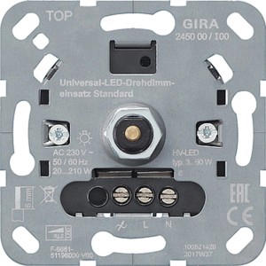 Gira Dimmer Einsatz aus Metall, Detailansicht der Rückseite mit Anschlüssen.
