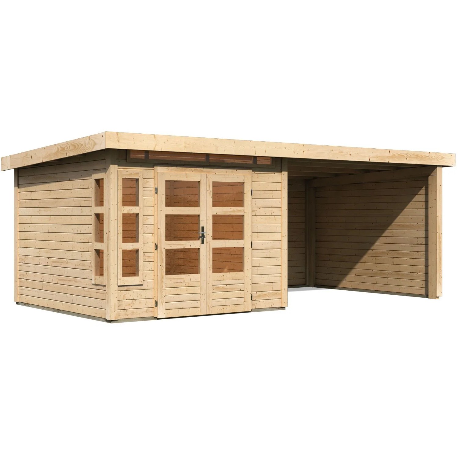 Karibu Holz-Gartenhaus Kastberg, naturbelassen mit Flachdach und Anbau. Gartenhaus aus Holz.