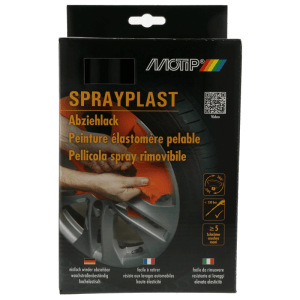 Motip Sprayplast Abziehlack Set Schwarz Seidenglanz. Verpackung zeigt Hand, die Lack von Autofelge abzieht. Lackreparatur.