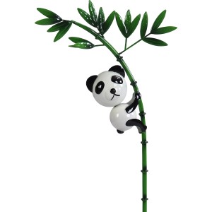 Gartenstecker Panda am Bambus, 95 cm, grün-weiß-schwarz, aus Metall für die Gartendekoration.
