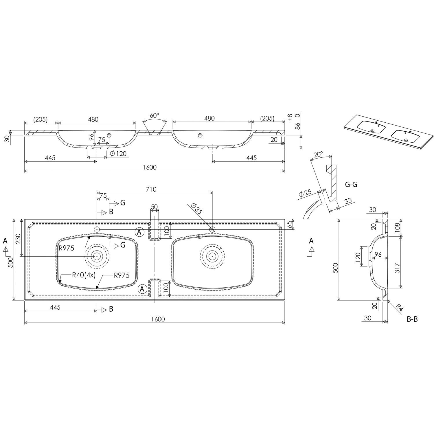 Technische Zeichnung Badmöbel-Set Posseik Geant 160 Eiche Gold mit Maßen.