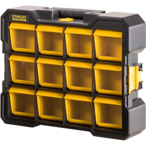 Stanley Fatmax Flip Bin Organizer mit 12 gelben Fächern für Kleinteile.