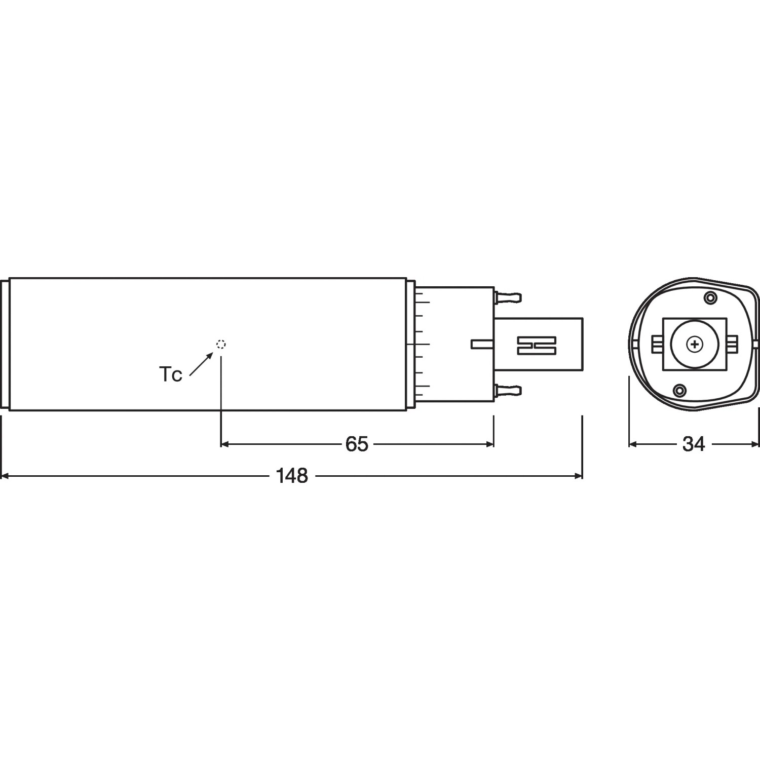 Technische Zeichnung Osram LED-Leuchtmittel G24d-2 Röhre mit Maßen 14,8 x 3,4 cm.
