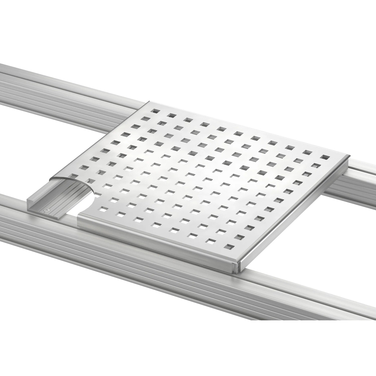 Quadratischer Drainagerost aus Edelstahl (400x400x18 mm) für Terrassendielen.