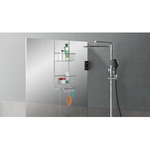 Eisl Duschregal mit 2 Etagen zum Einhängen ohne Bohren, silber matt, mit Duschutensilien.