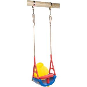 Bunte SwingKing Babyschaukel für Gartenspielgeräte, mit gelbem Sitz und rotem Bügel.