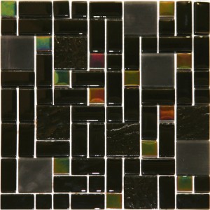 Glasmosaikmatte Black Rainbow, 30x30 cm, für Küche & Bad. Schwarze Mosaikfliesen mit schimmernden Akzenten.