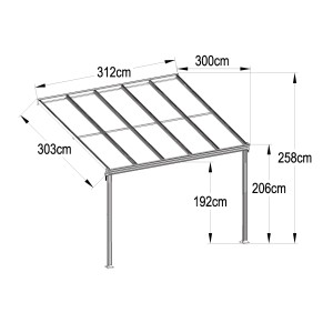 Floraworld Terrassenüberdachung in Anthrazit, Maße 312x303 cm, mit Maßangaben.