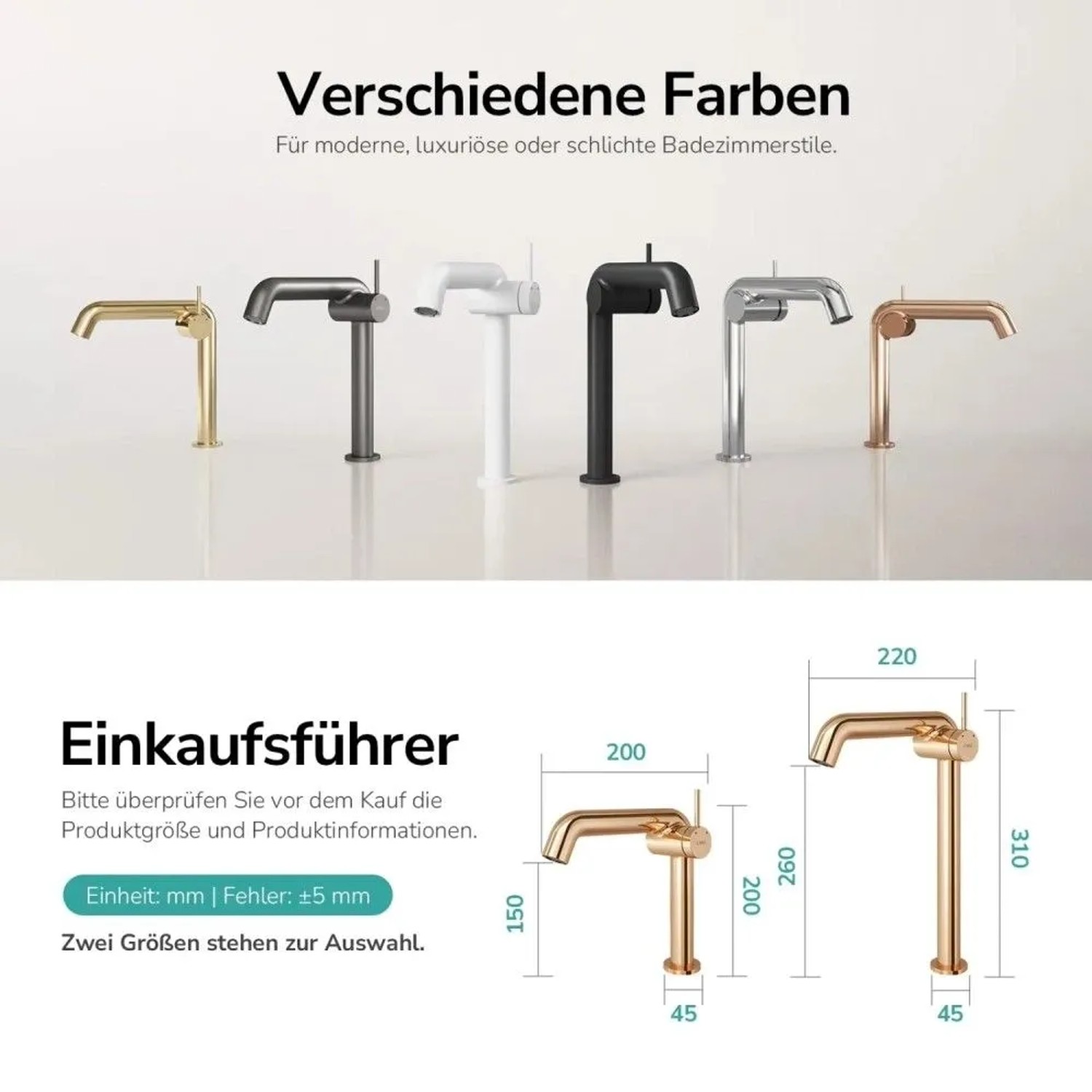 Emke Waschtischarmaturen: Moderne Einhebelmischer in Gold, Roségold, Schwarz, Weiß, Chrom. Verschiedene Größen.