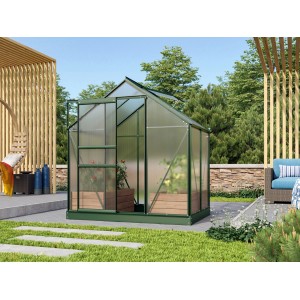 Grünes Gewächshaus Venus 2500 mit Hohlkammerplatten und Schiebetür im Garten.