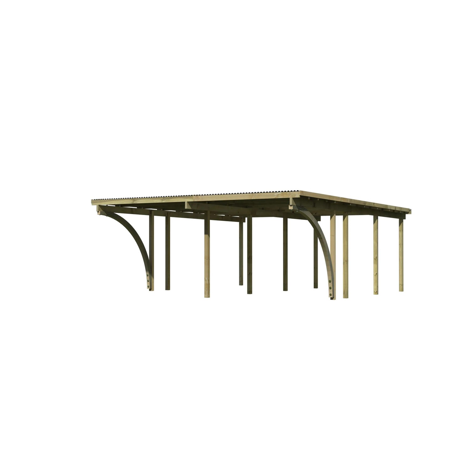 Karibu Doppelcarport Eco aus Holz mit PVC-Dachplatten und stabilen Pfosten.