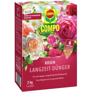 Compo Rosen Langzeit-Dünger 2kg Packung mit Rosenabbildung für üppige Blüten.