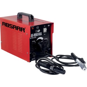 Rotes Absaar Elektroden-Schweißgerät 140 A mit Zubehör wie Elektrodenhalter und Masseklemme.