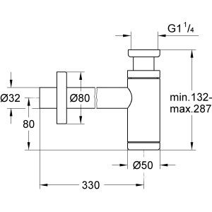 Technische Zeichnung: Grohe Geruchsverschluss Waschtisch 1 1/4 Warm Sunset gebürstet mit Maßen.