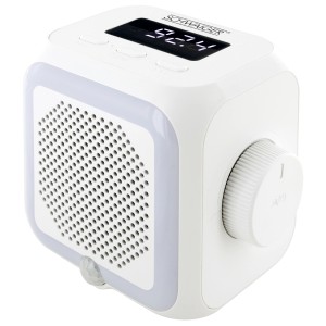 Weißes Schwaiger Steckdosenradio mit Bewegungsmelder, Nachtlicht und LED-Display.