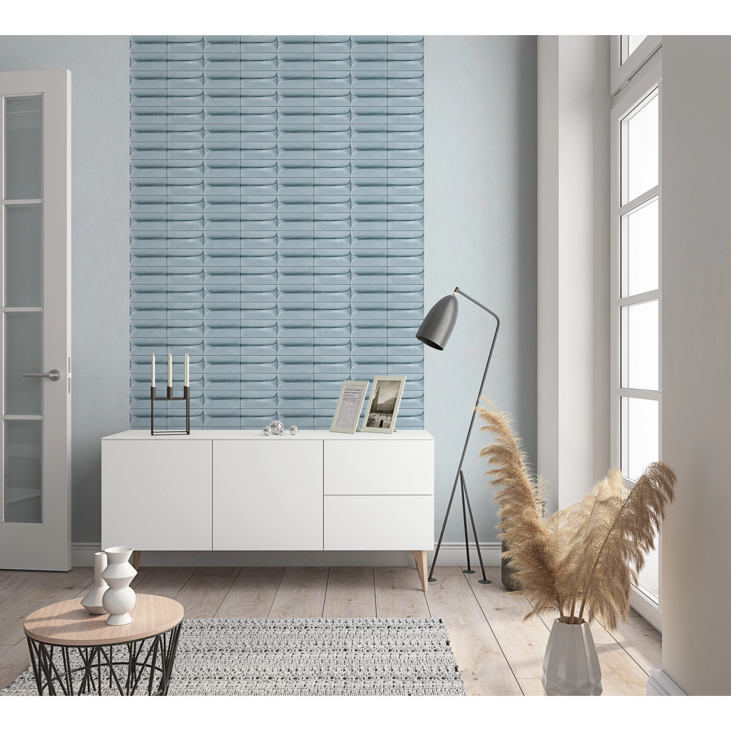 Blau gemusterte Marburg Vliestapete Shades Iconic 9 im modernen Wohnraum.