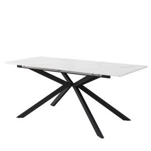 Erweiterbarer Esstisch mit weißer Marmoroptik-Platte und schwarzem Kreuzbein-Gestell. Modernes Design für Esszimmer.