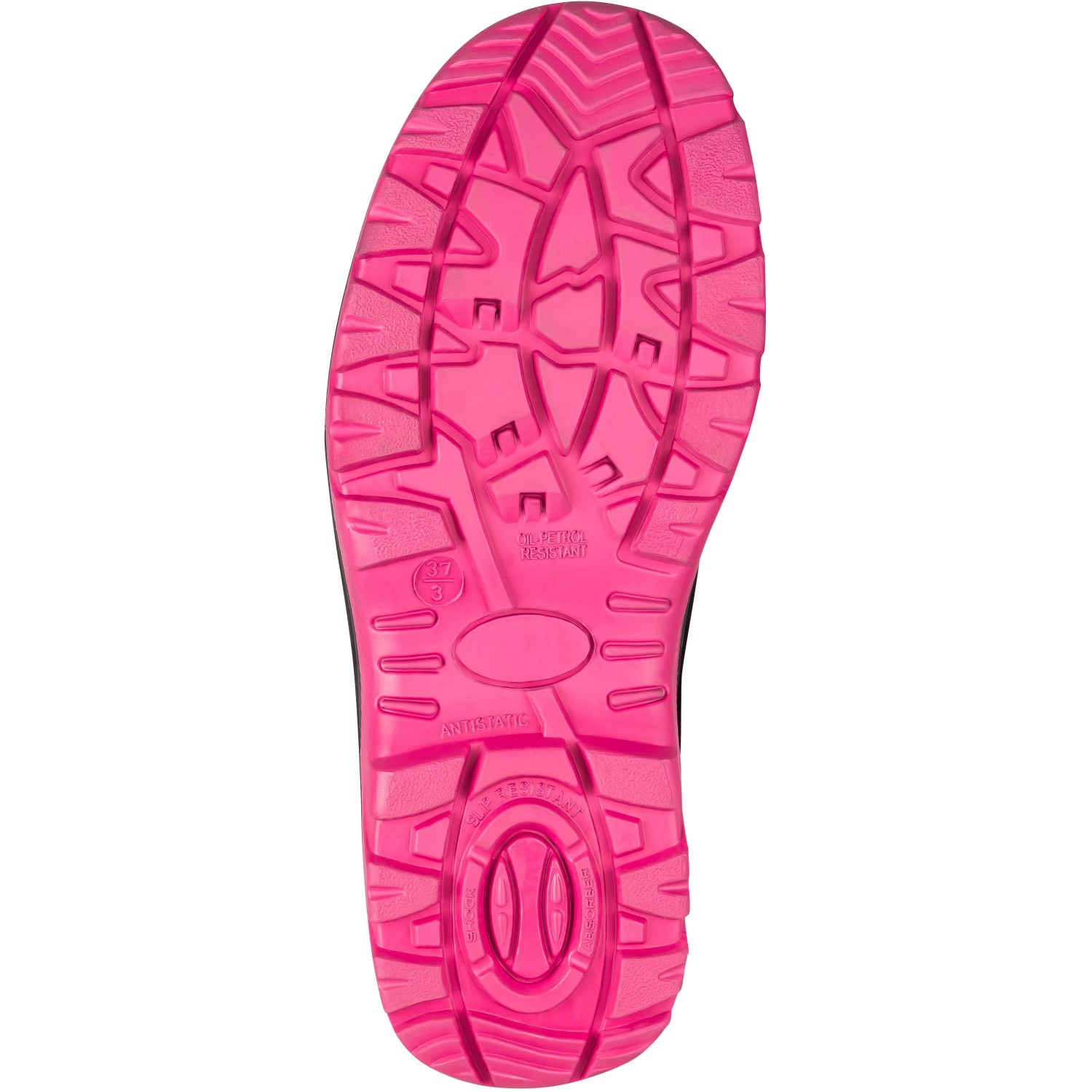 Sohle des schwarzen Bullstar Damen-Sicherheitsschuh S3, Größe 36, mit pinkfarbenem Profil.