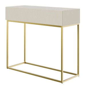Selsey Veldio Konsolentisch, greige, mit geriffelter Front, Schublade und goldenem Metallgestell.