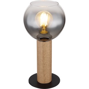 Globo Tischlampe Moitas, 1-flammig, schwarz-matt, Rauchglas, Holzoptik, modernes Design.