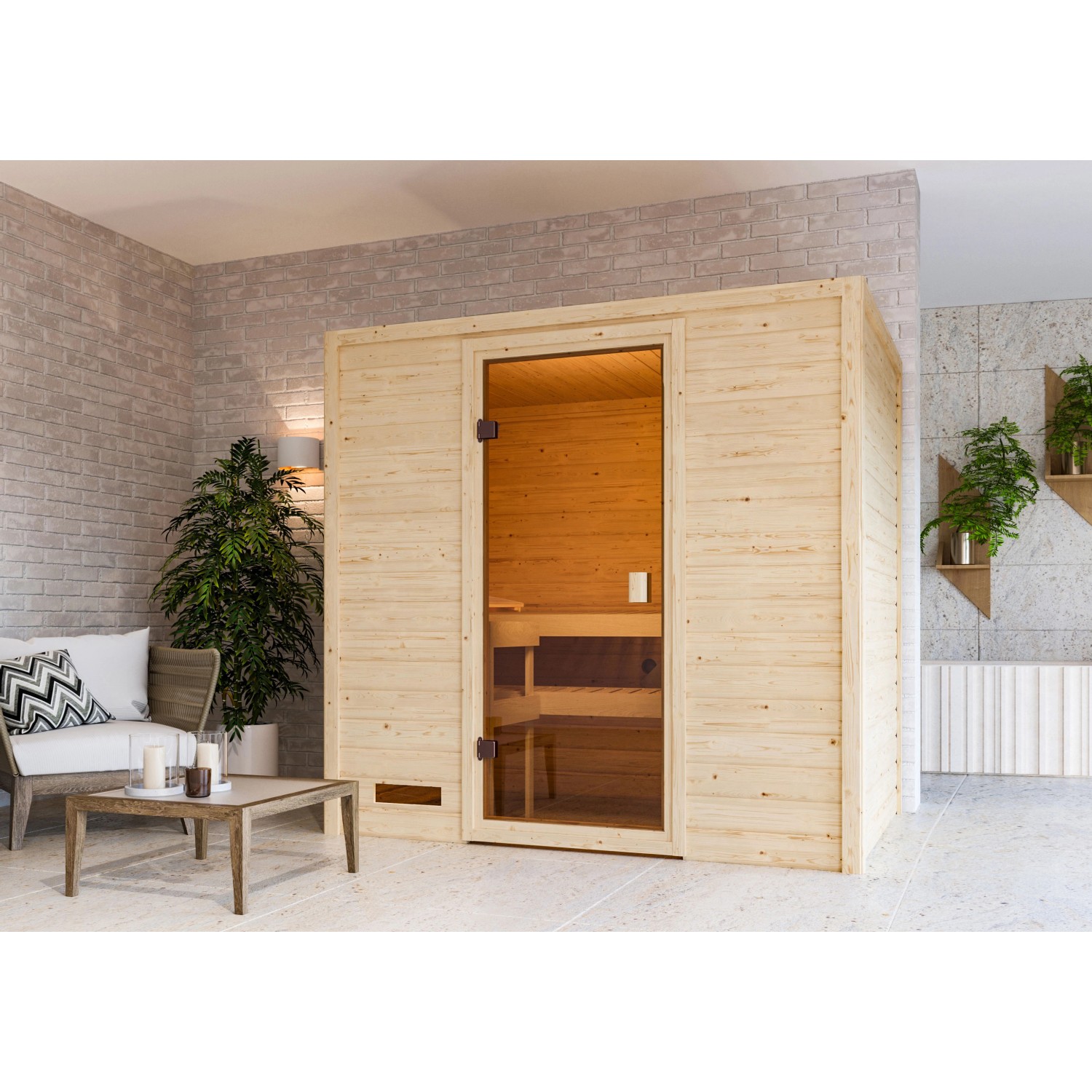 Karibu Sauna Selena mit Ofen und LED-Dachkranz aus Naturholz mit bronzierter Glastür.