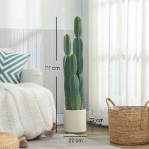 HOMCOM Kunstpflanze Kaktus, grün, 111 cm hoch, in cremefarbenem Topf. Realistische Zimmerpflanzen-Dekoration.