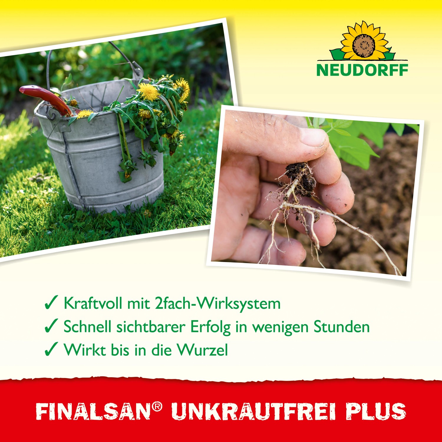 Neudorff Finalsan Unkraut-Frei Plus 2l: Eimer mit Unkraut, Hand hält Pflanze mit Wurzeln.