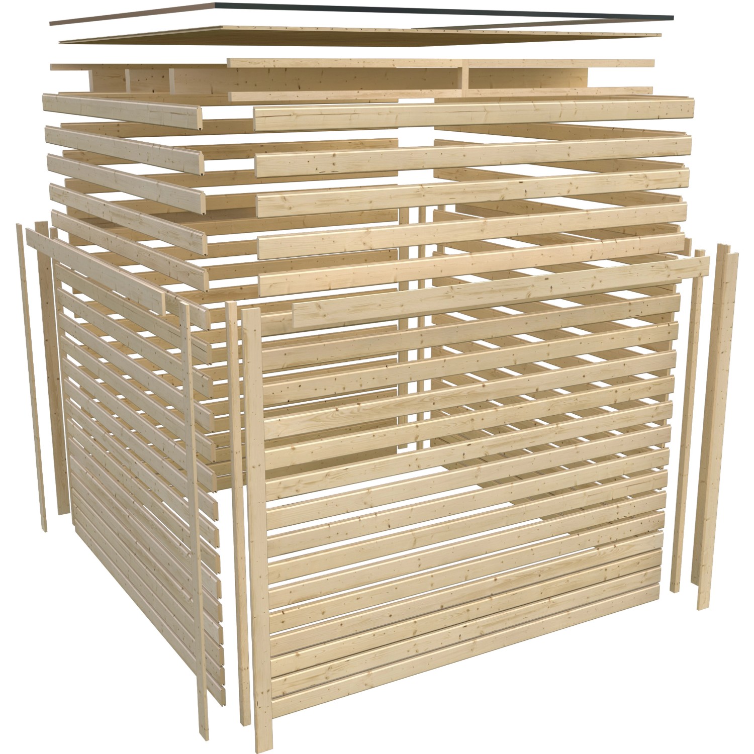 Explosionszeichnung Karibu Gartenhaus Dillen 1, naturbelassen, 9,27 m², Holz-Gartenhaus