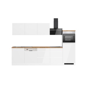 Moderne Küchenzeile Gera 300 cm in Weiß/Wotan mit E-Geräten wie Herd, Ofen und Geschirrspüler.