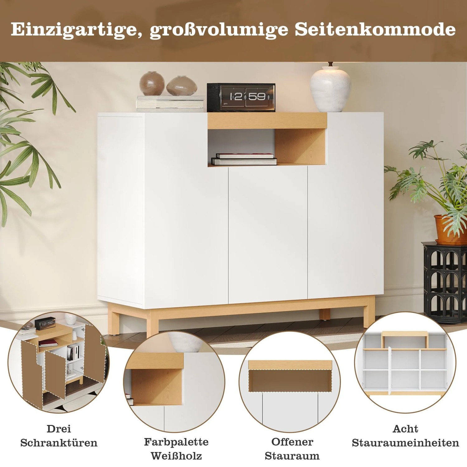 okwish Sideboard mit 3 Türen Wohnzimmer Esszimmer 120.5x42x96cm Weiß_6