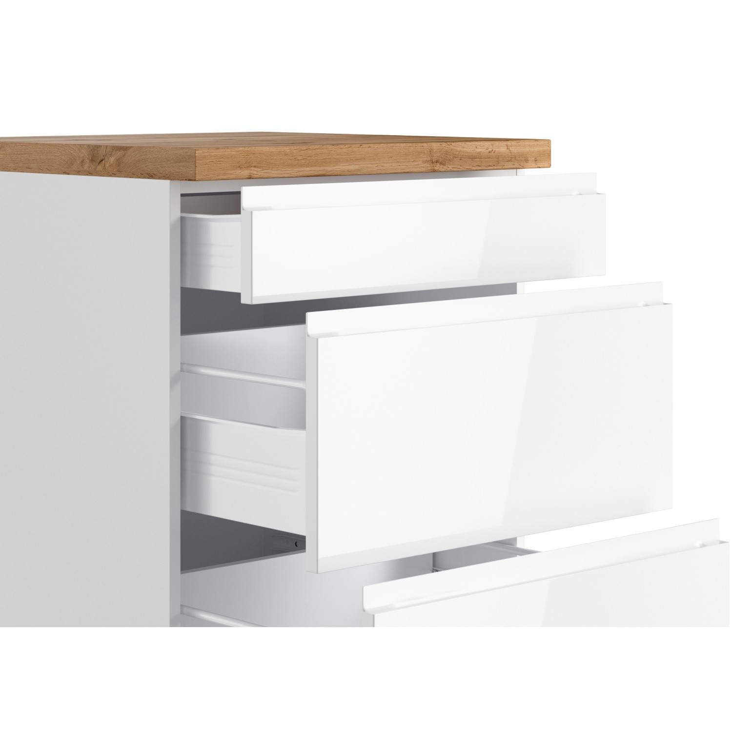 Held Küchen Unterschrank Gera, 60 cm, Weiß/Wotan Dekor mit Schubladen.