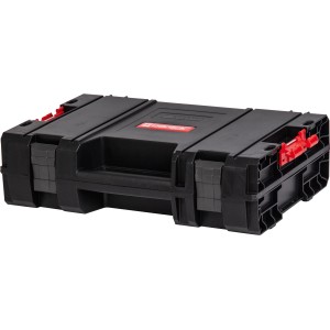 Schwarzer Qbrick System Pro Werkzeugkoffer mit roten Verschlüssen, ideal für Elektrowerkzeuge.