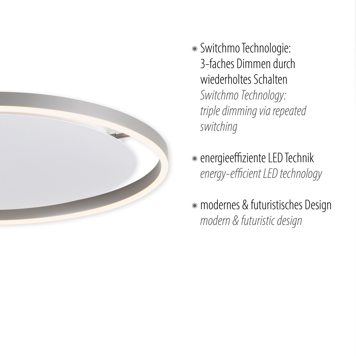 Moderne Just Light Deckenleuchte Ritus, Aluminium, Ø 60 cm, mit 3-Stufen-Dimmer für warmweißes Licht.