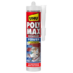 UHU Poly Max Montagekleber Power Express, transparent, in Kartusche mit Düse. Zum Kleben, Montieren, Abdichten innen & außen.