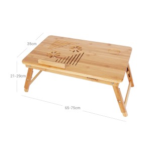 Naturfarbener Songmics Laptoptisch aus Bambus, 55x35x29cm, mit Lüftungslöchern und Getränkehalter.