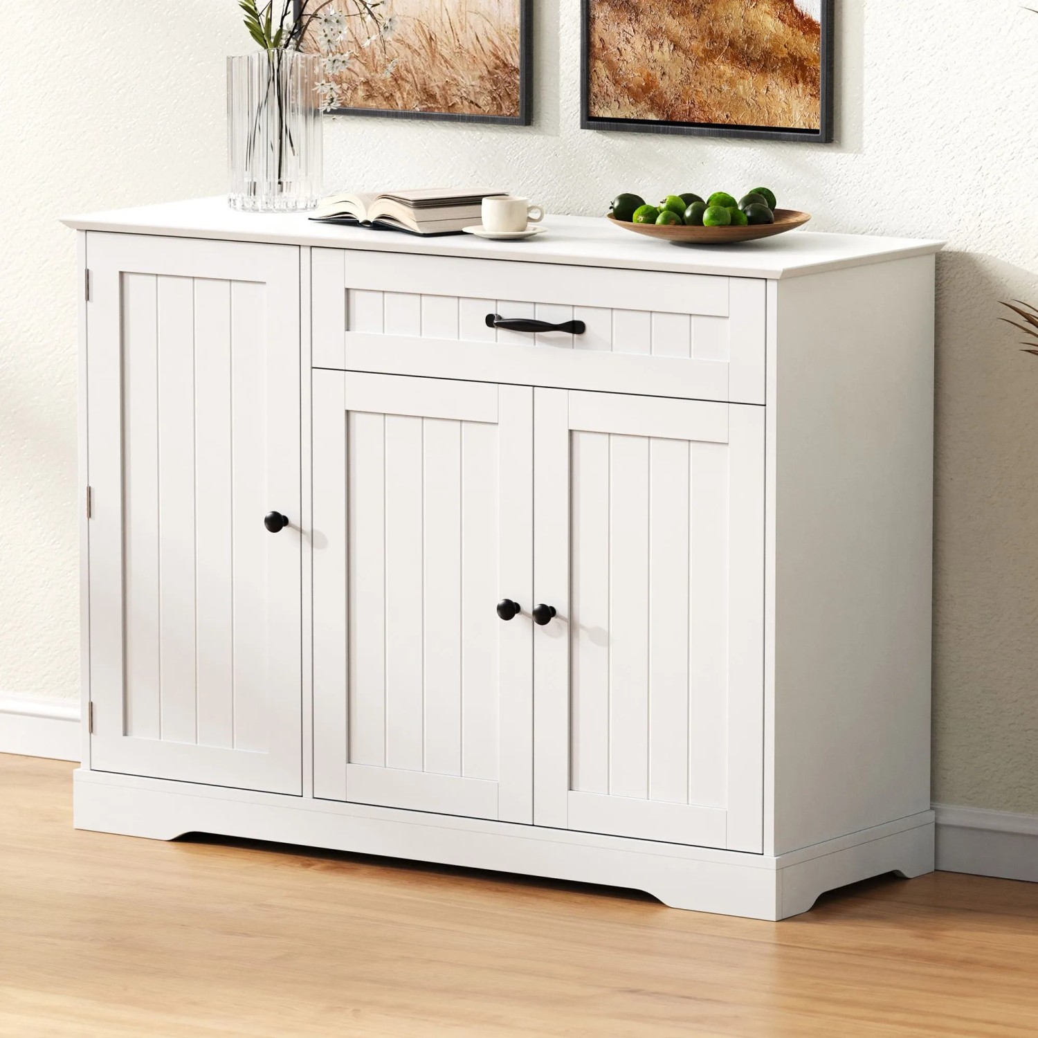 okwish Sideboard mit 3 Türen Schublade Wohnzimmer Diele 107x83x40cm Weiß_4