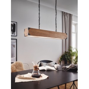Eglo Pendelleuchte Harborough in Schwarz-Braun über Esstisch. Holzoptik, Kettenaufhängung.