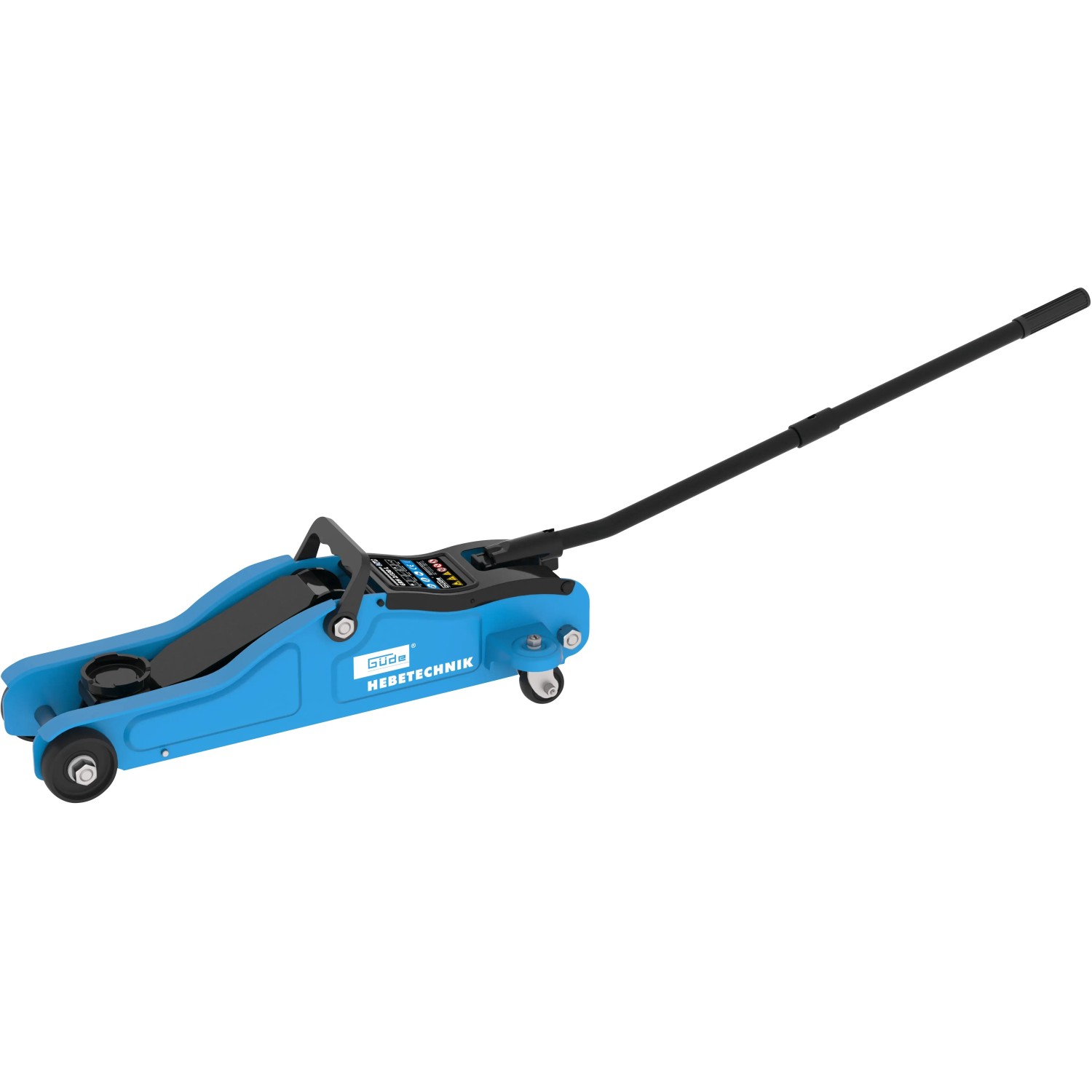 Blauer Güde Rangierwagenheber GRH 2/330 L mit 2 t Hubkraft und schwarzem Hebel.