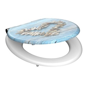 Schütte WC-Sitz Shell Heart mit Holzkern und Absenkautomatik, blaues Holzdesign mit Herz aus Muscheln.