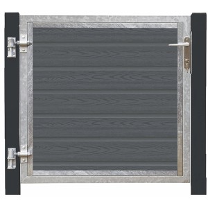 Einzeltor Artura WPC Schiefergrau, 115x95cm, mit grauschwarzen Pfosten und Holzstruktur.