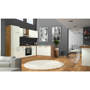 Flex-Well Winkelküche Vintea in Magnolia/Lancelot Oak mit E-Geräten und Spüle.